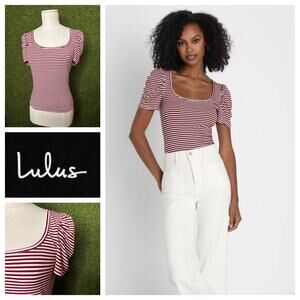 Lulus Red & White Striped Short‎ Puff Sleeve Top Scoop Neck Stretch Size S